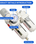 Three Eighths Inch Air Dryer For Compressor With Filter Regulator Lubricator FRL Combo showing pressure gauge and semi-auto drain