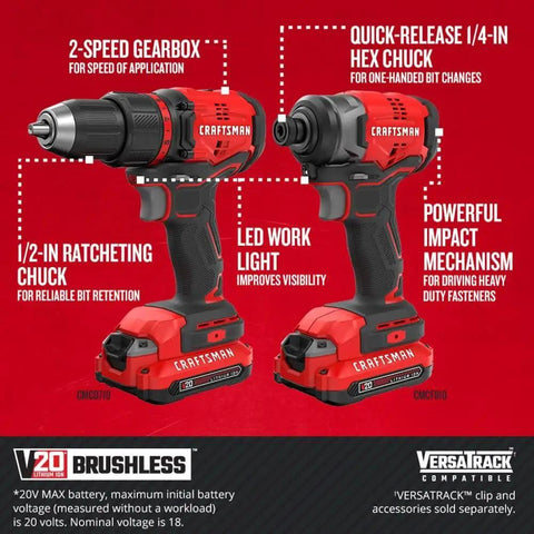 V20 Max Cordless Drill And Impact Driver Combo Kit with two tools, showing 2-speed gearbox, LED work light, and brushless motors.