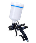 Pro Grade Hvlp Gravity Spray Gun Featuring A Smooth 1.3MM Nozzle And 600Ml Reusable Cup, Plug And Play Auto Paint Sprayer Kit with white cup and black body.