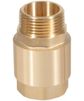 Brass one-way check valve, front view; 1-inch NPT male inlet, 1-inch FNPT outlet