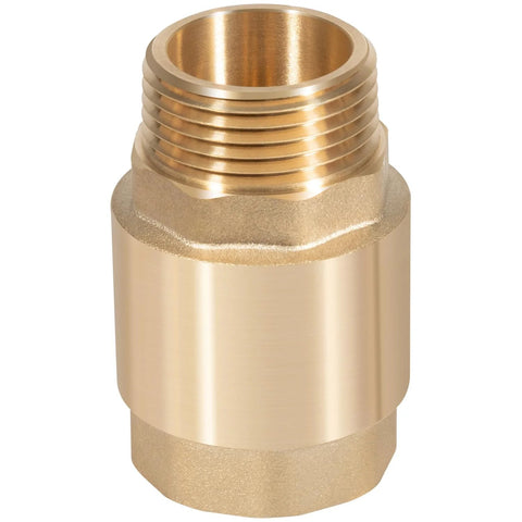 Brass one-way check valve, front view; 1-inch NPT male inlet, 1-inch FNPT outlet