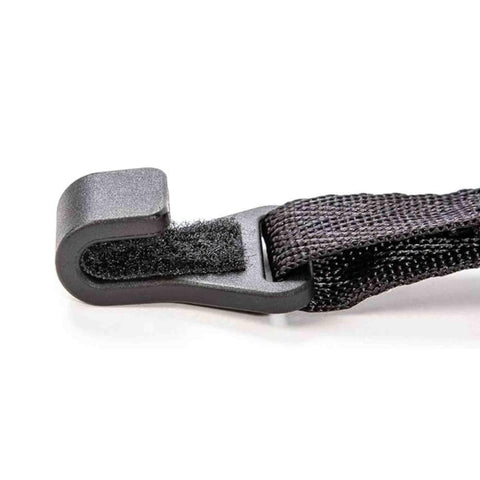 Close-up of nonmarring hook on cross chest sling for ukuleles, mandolins, classical guitars, and more, adjustable for any size instrument.