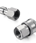 2-piece stainless steel 1/4-inch NPT pressure washer quick-connect couplers, male and female, with internal threads.