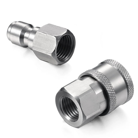 2-piece stainless steel 1/4-inch NPT pressure washer quick-connect couplers, male and female, with internal threads.