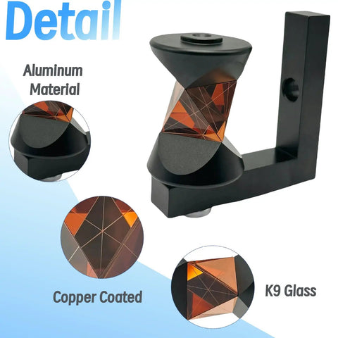 360 Degree Mini Copper Coated Survey Prism With L Bar Bracket Mount For Total Station, Quarter Inch Thread Compatible, Includes Both Male And Female Quarter Inch Threads, Easy Install With Strong Reinforced Mounting Bracket For Stable Readings. copper-coated survey prism with L bracket, aluminum body and K9 glass