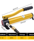 Side view of a yellow low-profile manual hydraulic cylinder jack with a black grip handle for automotive use.
