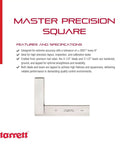 Workhorse Steel Master Precision Square With Hardened Ground Beams And Blades Hardened Steel Construction 6 Inch Blade Length 4 5 16 Inch Beam Length Ultra Accurate Machinist Tool For Metalworking against product specifications background.