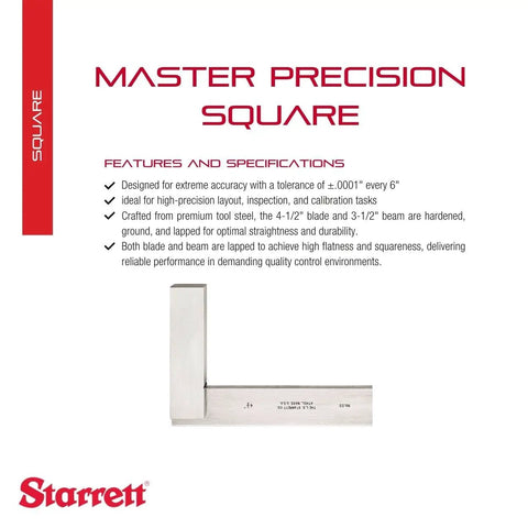 Workhorse Steel Master Precision Square With Hardened Ground Beams And Blades Hardened Steel Construction 6 Inch Blade Length 4 5 16 Inch Beam Length Ultra Accurate Machinist Tool For Metalworking against product specifications background.