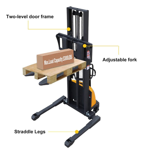 Heavy Duty Semi Electric Pallet Stacker Boasting A Badass 3300 Lb Capacity And A Solid 118 Inch Lift Height With Smooth Hydraulic Controls Reliable Pedal Brakes And A Rugged 12 Volt Battery To Crush Heavy Loads All Day Long