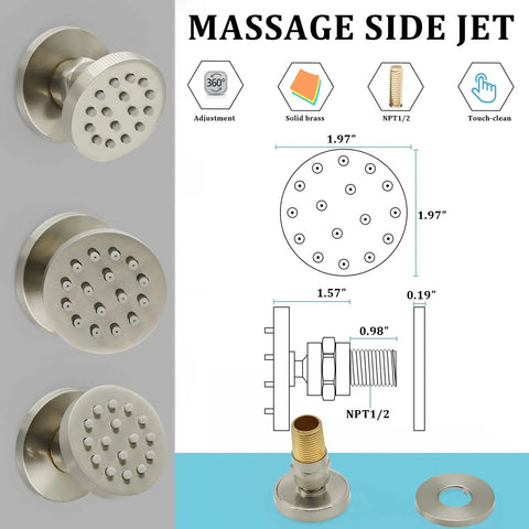 Diagram showing Six Pack Round Brass Shower Body Spray Jets With Brushed Nickel Finish For Spa Like Massage Showerhead Kit Adjustable