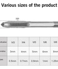 Metric Tap Set With Adjustable T Handle Tap Wrench 5 Piece M3 M4 M5 M6 M8 Taps dimensions chart for metal, plastic, wood use