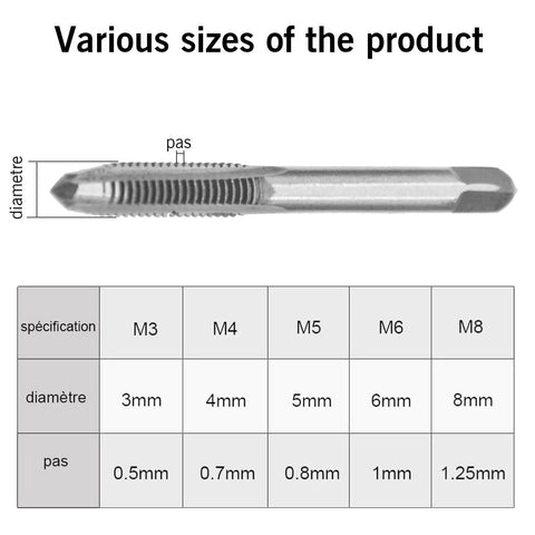 Metric Tap Set With Adjustable T Handle Tap Wrench 5 Piece M3 M4 M5 M6 M8 Taps dimensions chart for metal, plastic, wood use