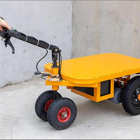 Heavy Duty Electric Platform Truck Cart That Is Portable And Foldable With Smooth Wheels for moving tools with a sturdy yellow design.