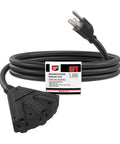 Beefy 6 Foot Outdoor Extension Cord With 3 Outlets 16/3 SJTW Water Resistant Heavy Duty Black Cable With Reinforced Blades And Slip Resistant Design 13 Amp 125 Volt 1625 Watt, coiled with 3-outlet plug