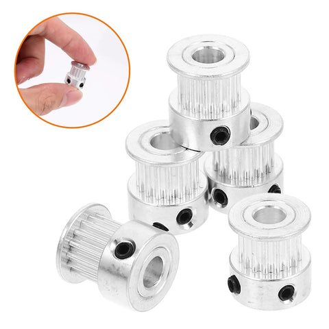 Upgrade Your Rig With This Slick 5-Piece GT2 Timing Belt Pulley Kit For 3D Printers Featuring Durable Aluminum Alloy Construction That Delivers Epic Transmission Stability And Smooth Performance For All Your Wild DIY Projects And Custom Builds., five silver 14mm GT2 timing belt pulleys with set screws for 3D printer use