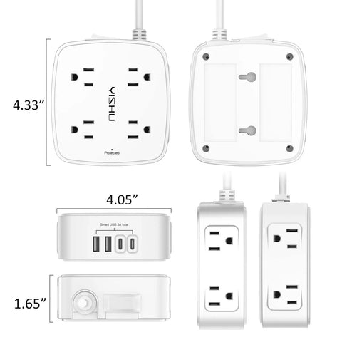 Heavy Duty Surge Protector Power Strip With Six Foot Cord And Eight Wide Outlets Plus Four Fast Charge Usb Ports, displaying dimensions.
