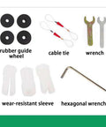 Assorted accessories for Upgraded Cordless Electric Threading Machine: rubber guide wheels, cable ties, wrenches, wear-resistant sleeves.