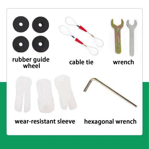 Assorted accessories for Upgraded Cordless Electric Threading Machine: rubber guide wheels, cable ties, wrenches, wear-resistant sleeves.