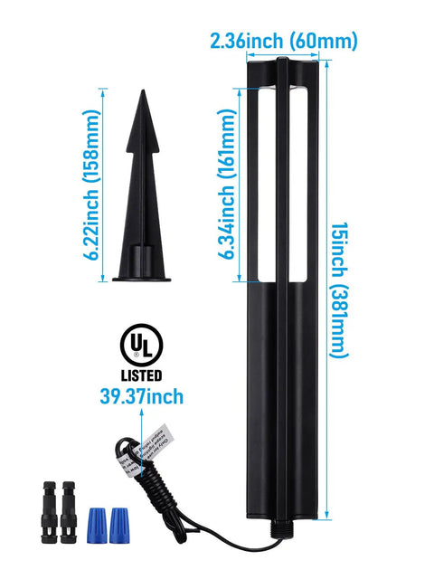 Low Voltage Path Lights 3W LED Landscape Lighting Kit with dimensions, components, and connectors shown, IP65 Waterproof Black Finish.