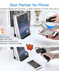 Upgraded Bluetooth Barcode Scanner with back clip for iPhone and Android shown clipped to phone, scanning books and receipts.