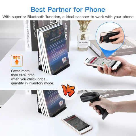 Upgraded Bluetooth Barcode Scanner with back clip for iPhone and Android shown clipped to phone, scanning books and receipts.