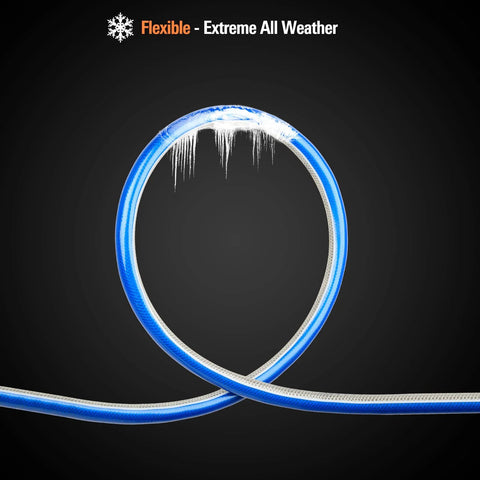 Coiled blue 3/4 in x 15 ft PVC garden hose with male-to-female fittings