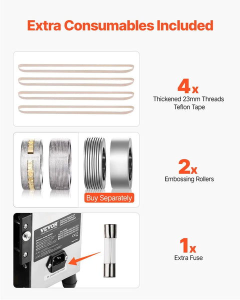 Extra consumables for Continuous Band Sealer Machine With Digital Temperature Control 600W including Teflon tape, rollers, and fuse.