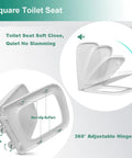 No Sweat Square Soft Close Toilet Seat With Quick Release Hinges showing 360° adjustable hinges and non-slip buffers in white.