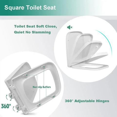 No Sweat Square Soft Close Toilet Seat With Quick Release Hinges showing 360° adjustable hinges and non-slip buffers in white.