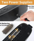 Electric 3 Hole Punch For Binders, 20 Sheet Capacity, showing power adapter and battery options for office or school use