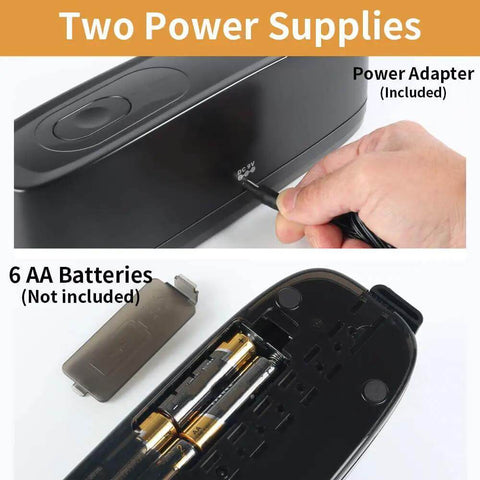 Electric 3 Hole Punch For Binders, 20 Sheet Capacity, showing power adapter and battery options for office or school use