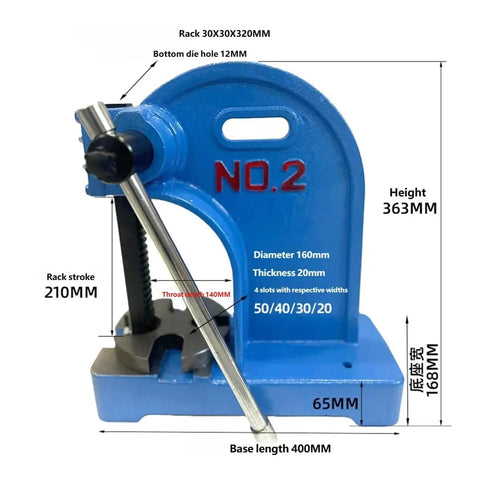 Heavy Duty Manual Arbor Press With Two Ton Pressing Power And Reversible Plunger For Knuckle Buster Stamping, side view with measurements.
