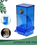 Total Game Changer Automatic Bird Feeder With Clear Acrylic Bowl For Parrots showing blue acrylic design and easy refill top.