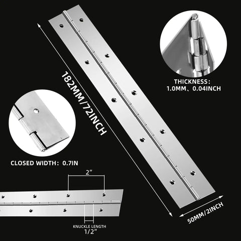 Real Deal Heavy Duty 72 Inch Stainless Steel Piano Hinges Built Tough Continuous Gate Hinges with detailed dimensions and thickness.