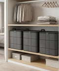 Three Heavy Duty Nonwoven Storage Bins in closet, 49x48x68 cm, perfect for king size quilts and seasonal closet swaps.