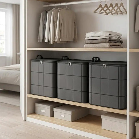 Three Heavy Duty Nonwoven Storage Bins in closet, 49x48x68 cm, perfect for king size quilts and seasonal closet swaps.