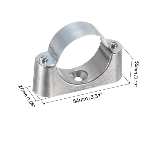 Front view of uxcell 50mm OD pipe clamp bracket; metal wall/ceiling mount with screw holes