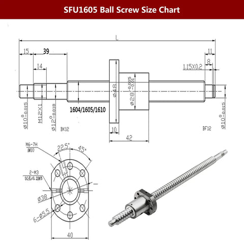 Technical diagram and photo of 700mm SFU1605 Ballscrew CNC Kit For DIY Makers Includes End Supports BK BF12 16mm Ball Screw Coupler.