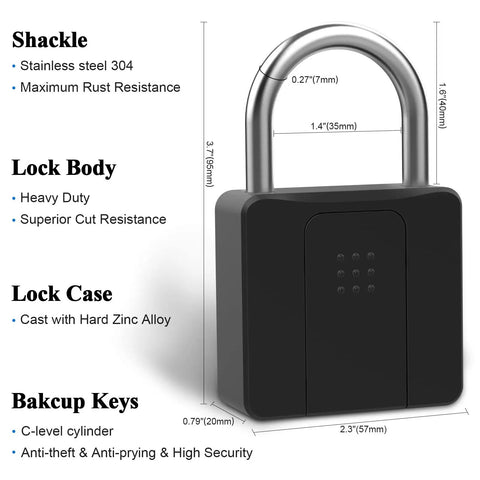 Fingerprint Padlock With Bluetooth Key Backup Heavy Duty Waterproof Lock features and dimensions illustration.