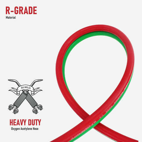 Built Like A Tank Oxy Acetylene Welding Hose 50 Foot 1/4 Inch Twin Line Rubber Cord with red and green tubing, flexible and heavy duty.