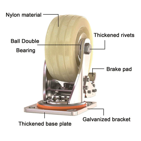 Heavy Duty Swivel Caster Wheels With Brakes For Furniture And Workbenches, nylon wheel with double ball bearing and galvanized bracket