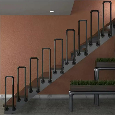 Tough As Nails Industrial Pipe Railing Featuring Slick Non Slip Iron Guardrail for Indoor Outdoor Steps and Decks on a staircase.