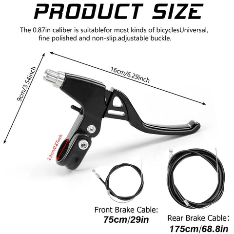 All In One Front And Rear C Caliper Brake Kit For Kids Bikes Compatible With Road Mountain And Hybrid Bikes Includes Levers Cables Brake Pads And All Mounting Hardware Easy Install Black showing product size and cables.