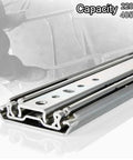 Close-up of Rock Solid Steel Drawer Slides With Double Row Ball Bearings For Ultra Heavy Duty Full Extension Cabinet Rails.