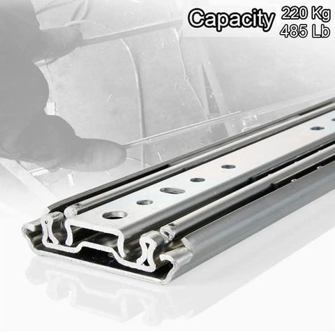 Close-up of Rock Solid Steel Drawer Slides With Double Row Ball Bearings For Ultra Heavy Duty Full Extension Cabinet Rails.