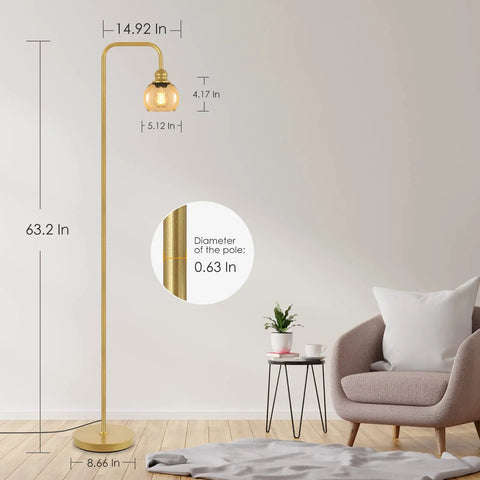 Modern Floor Lamp With Amber Glass Globe Shade And 6W LED Bulb, Industrial Tall Reading Lamp For Living Room And Home Office