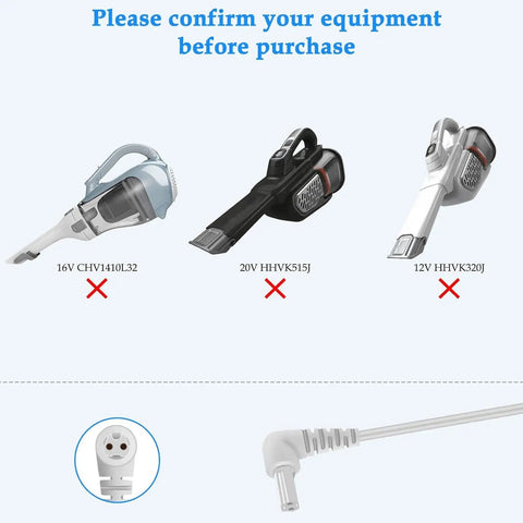 Image showing models incompatible with 15V Hand Vacuum Charger For Black And Decker Dusbuster Handheld Vacuums Replacement Power Adapter Cord 100V 240V Compatible With HHVI315J HHVI320JRS02 Type 1 BHSB315J HHS315J01 Spillbuster Models, with incorrect models 16V CHV1410L32, 20V HHVK515J, 12V HHVK320J displayed.