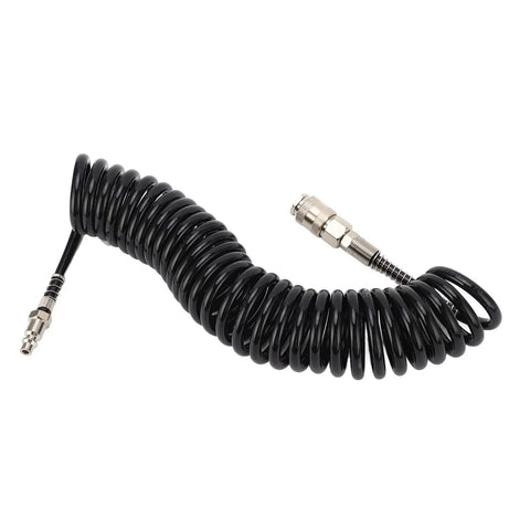 Flexible Coiled Air Hose Quarter Inch Durable Pressure Fits Tire Inflator Pump Compressor Tools Plus Dust Blowers For Car And Motorcycle Garage Shop Nylon Design Easy Storage Twenty Three Feet Length Is Good For Hot Shop Guys Got Big Deal, black coiled hose with metal fittings