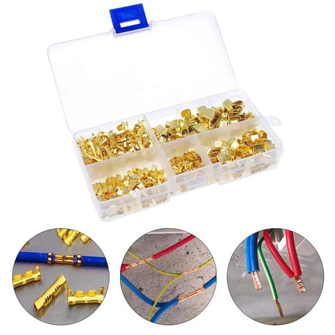 500 Pcs U Shape Copper Ring Terminals Crimp Kit Non Insulated Assortment in open box, wires with connectors shown