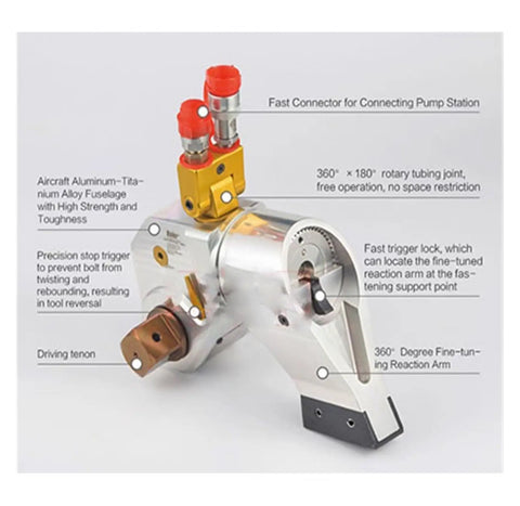 Heavy Duty Hydraulic Torque Wrench With Square Drive And Slick Swivel Hose Shop Ready Bolt Tightening Tool showing aluminum alloy body and connectors.